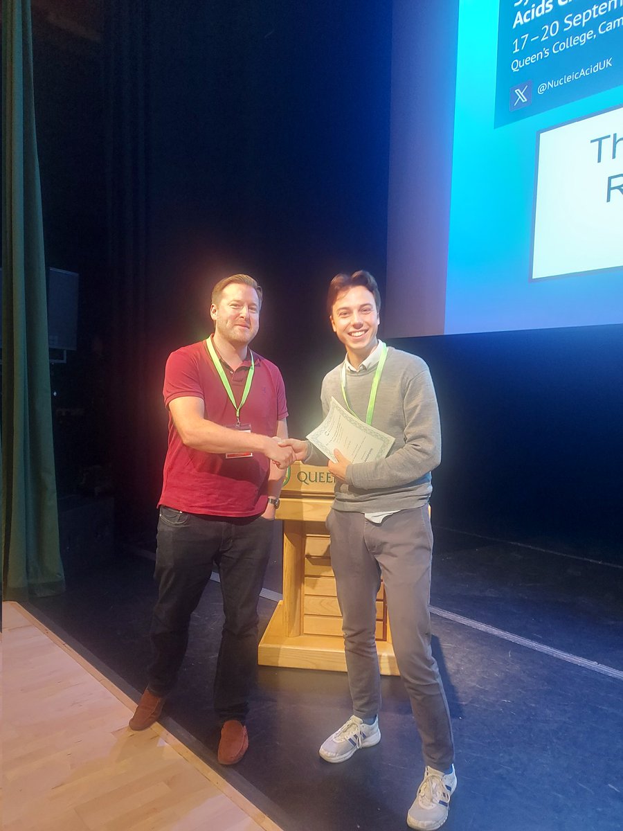 Congratulations to Jonas Roske on 
winning the Oxford Nanopore prize for his poster at the 8th Symposium in Nucleic Acids Chemistry and Biology 
<a href="/JohannJRoske/">Jonas</a> 
<a href="/nanopore/">Oxford Nanopore</a> 
#CamNA24
