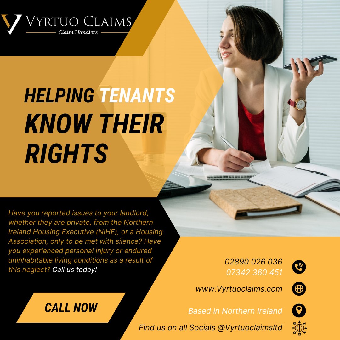 Vyrtuoclaimsltd's tweet image. 🏠Know your rights as a tenant, we're here to help.

Call us today 02890 026 036 or WhatsApp us on 07342 360 451

Let us help you.

#TenantRights #FreeAdvice #MaintenanceIssues