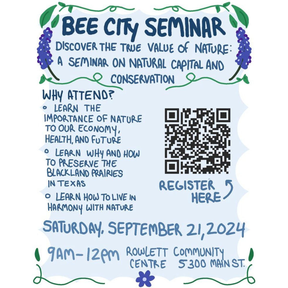 KRB_RowlettTX's tweet photo. ๐ Rowlett Bee City Seminar
Discover the true value of nature and learn how to protect our planet. ๐
๐
Sep 21 | ๐กTopic- Natural Capital & Conservation ๐ฑ
Sign up now!
#KeepRowlettBeautiful #RowlettBeeCity https://t.co/BGORUXE6M7