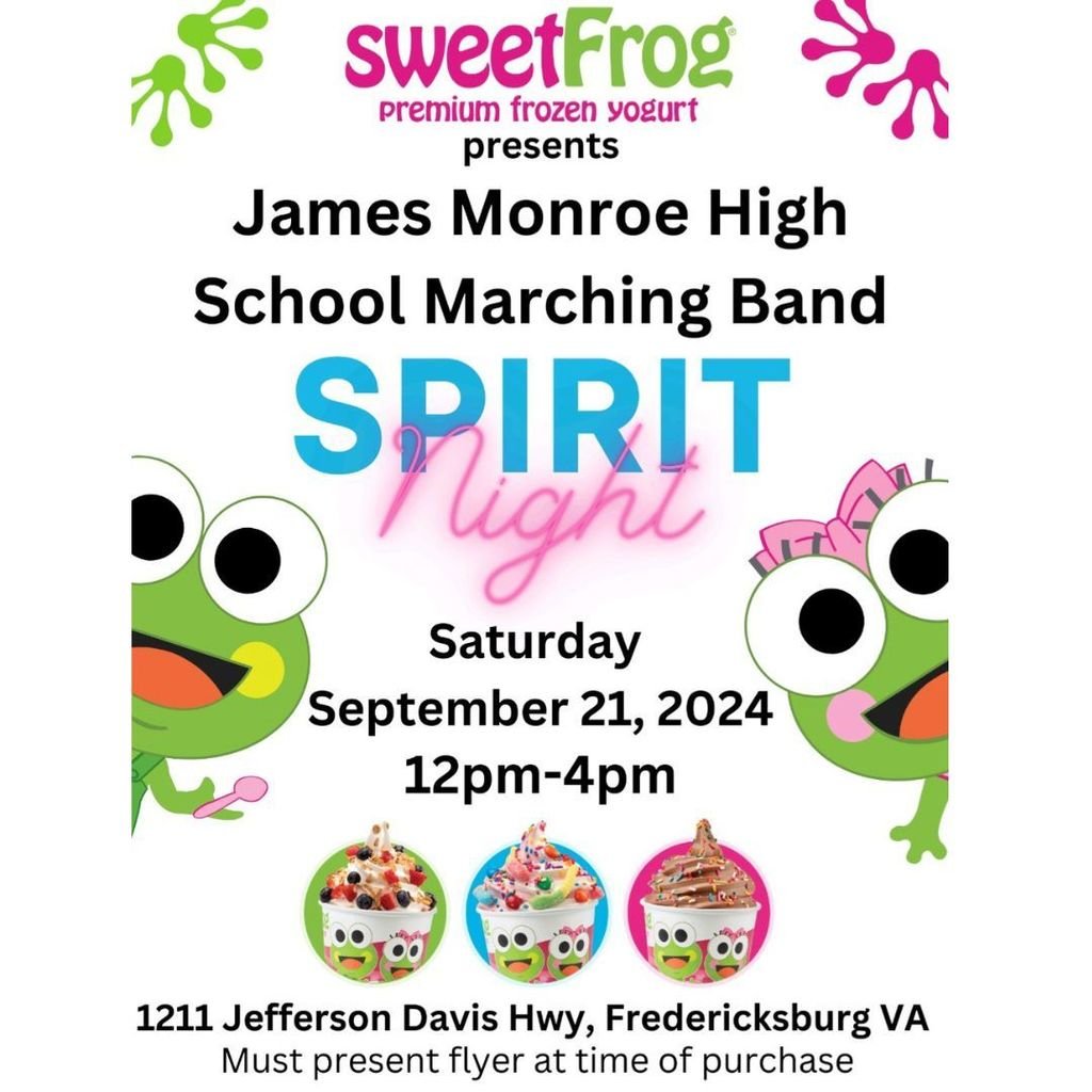 FxbgJmhs's tweet image. Support the JMHS Marching Band this Saturday at Sweet Frog! Grab some froyo, and a portion of the proceeds goes to the band. Let’s make it sweet! 🎺🥁 #JMMarchingBand #FroyoForACause #SupportTheBand
