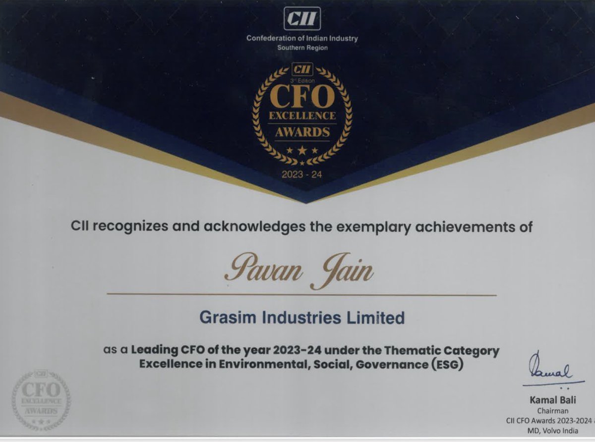 #Congratulations 
Mr. Pavan K.  Jain, Chief Financial Officer of Grasim Industries was awarded as a leading CFO of the year 23-24 under the Thematic Category - Excellence in Environmental, Social, Governance (#ESG) at the #CII 3rd Edition #CFO Excellence Awards 
#LifeatGrasim