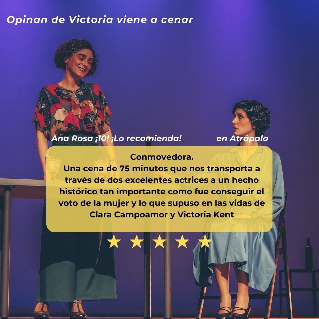 🎭✨ ¡Hoy es el día! No te pierdas Victoria Viene a Cenar en <a href="/TeatrosLuchana/">Teatros Luchana</a> , un fascinante encuentro entre Clara Campoamor y Victoria Kent.
¡Corre a por tus entradas y únete a esta maravillosa velada! 🍽

#VictoriaVieneACenar #TeatroMadrid #ClaraCampoamor #VictoriaKent