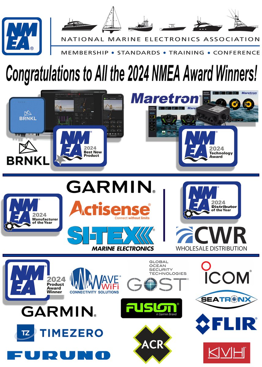 🎉 Announcing the winners of the 2024 NMEA Awards! Congratulations to all the innovators and leaders in marine electronics who have been recognized for their exceptional contributions. 🌊 These awards highlight the best of the best in our industry. 🏆 #NMEA #NMEAproductawards