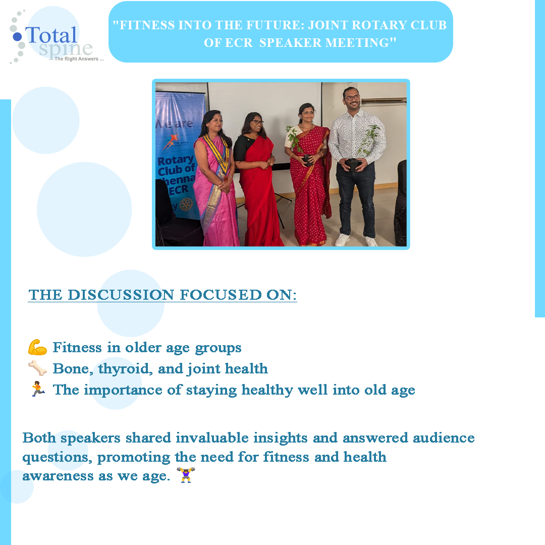 TotalSpine_in's tweet photo. Fitness into the Future! 💪🩺 Join Dr. Parthasarathy and Dr. Sruthi as they discuss bone, thyroid, and joint health in older age groups at a hybrid meeting with Rotary Club! 

Stay healthy, active, and fit for life. Follow us for expert spine care &amp; wellness tips! 

#SpineHealth https://t.co/0NMtodzCfN