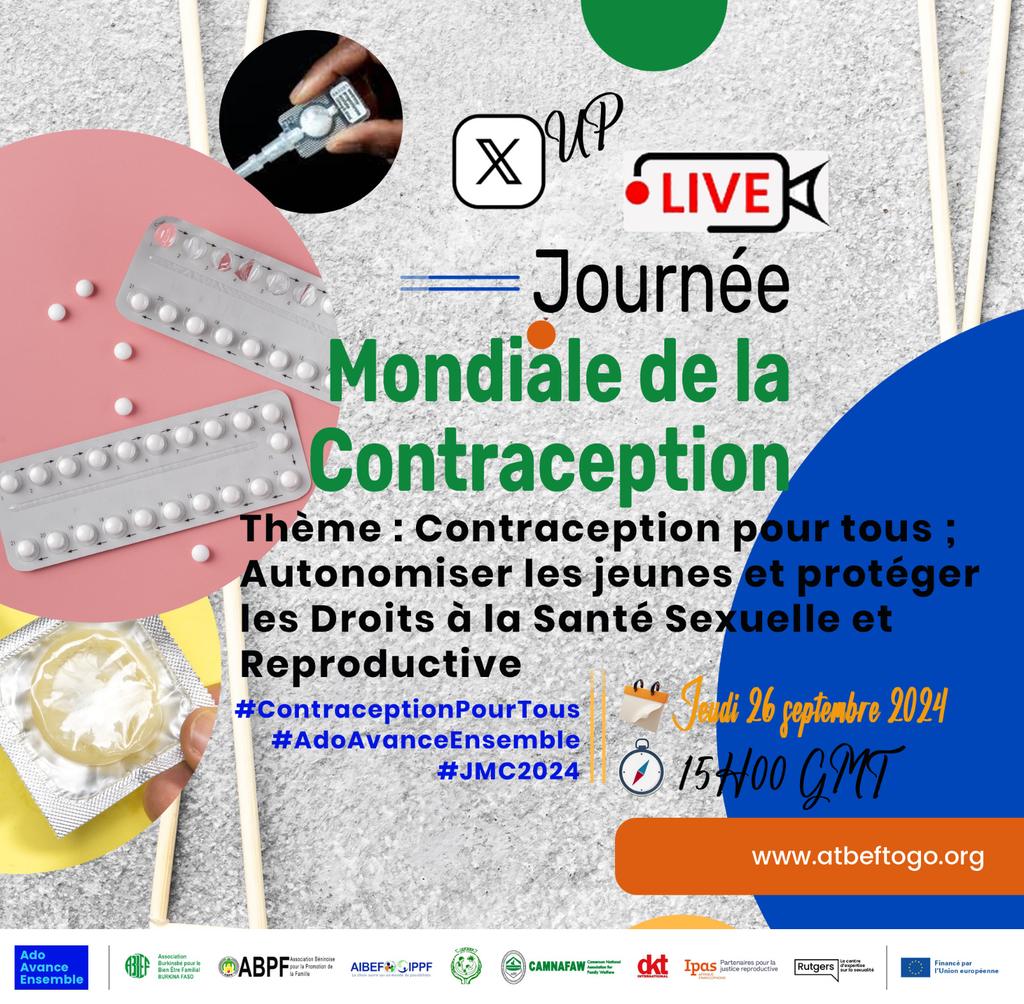 Journée mondiale de la contraception. 
Rejoignez-nous en live  le jeudi 26 septembre 2024 à 15 h
<a href="/atbeftogo/">ATBEF TOGO</a>
<a href="/IPPFAR/">IPPFAR</a>
#contraceptionPourTous
#AdoAvanceEnsemble
#JMC2024