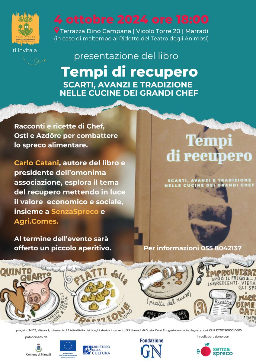 Venerdì 4 ottobre alle 18.00 a #Marradi presenteremo #TempidiRecupero. #CarloCatani, autore del #libro e presidente dell’omonima associazione, ne parlerà con noi di #SenzaSpreco e con #SassoAgricomes. A seguire verrà offerto un piccolo aperitivo 🧀

#sprecoalimentare #foodwaste