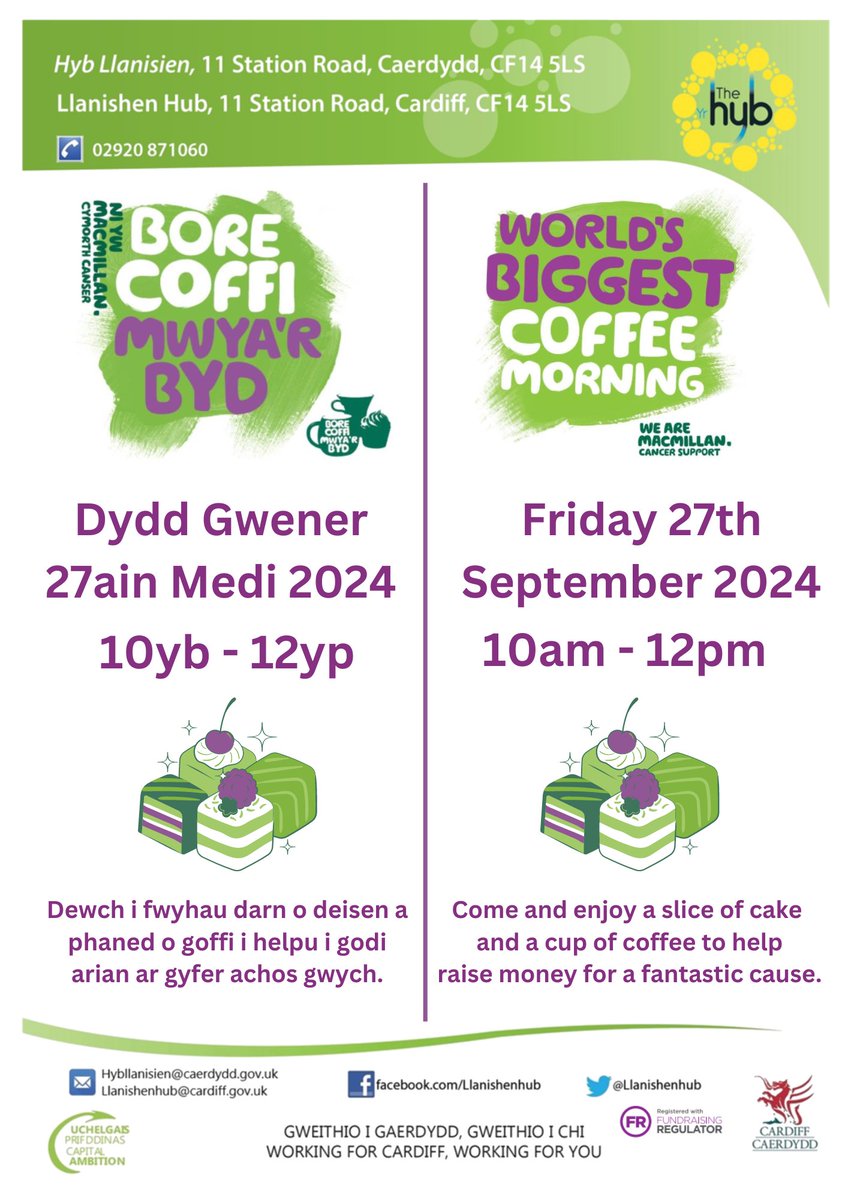 Llanishen hub are hosting a Macmillan Coffee Morning on Friday, September 27th between 10am-12pm.🧁☕️
--
Mae hyb Llanisien yn cynnal Bore Coffi Macmillan ar Ddydd Gwener, Medi 27ain rhwng 10yb - 12yp. 🧁☕️