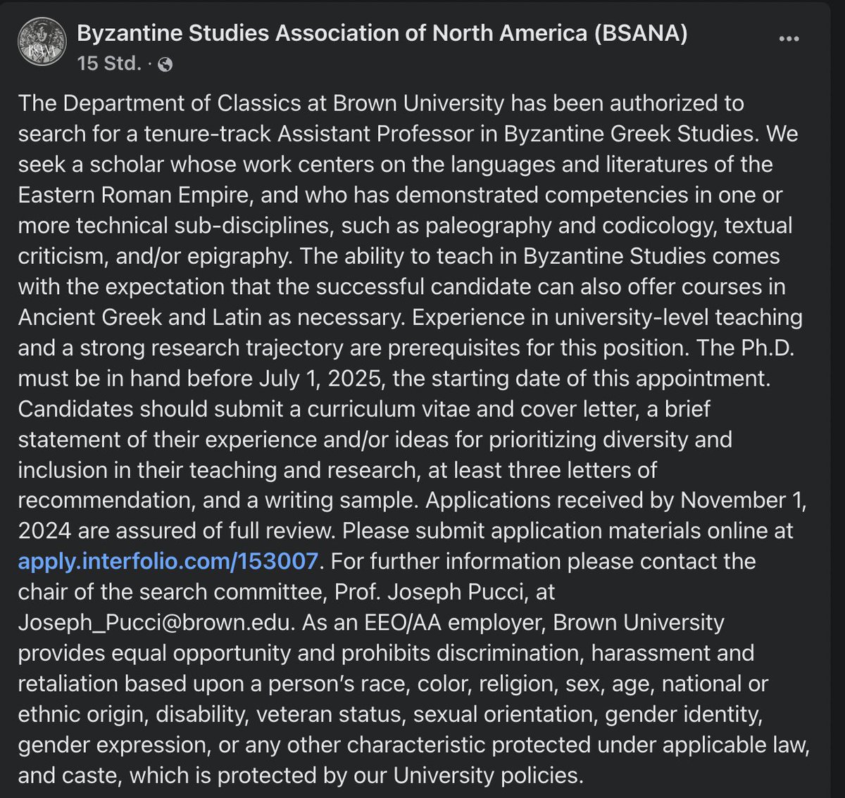 Yannis Stouraitis (@ystouraitis) on Twitter photo Vacancy at <a href="/BrownUniversity/">Brown University</a> for Byzantine literature scholars. Carpe diem!
<a href="/SPBSUK/">Society for the Promotion of Byzantine Studies UK</a> <a href="/ByzantineBOUN/">Byzantine Studies Research Center</a> <a href="/CLAIBS1/">Ctr for Late Antique, Islamic & Byzantine Studies</a> Vacancy at <a href="/BrownUniversity/">Brown University</a> for Byzantine literature scholars. Carpe diem!
<a href="/SPBSUK/">Society for the Promotion of Byzantine Studies UK</a> <a href="/ByzantineBOUN/">Byzantine Studies Research Center</a> <a href="/CLAIBS1/">Ctr for Late Antique, Islamic & Byzantine Studies</a>