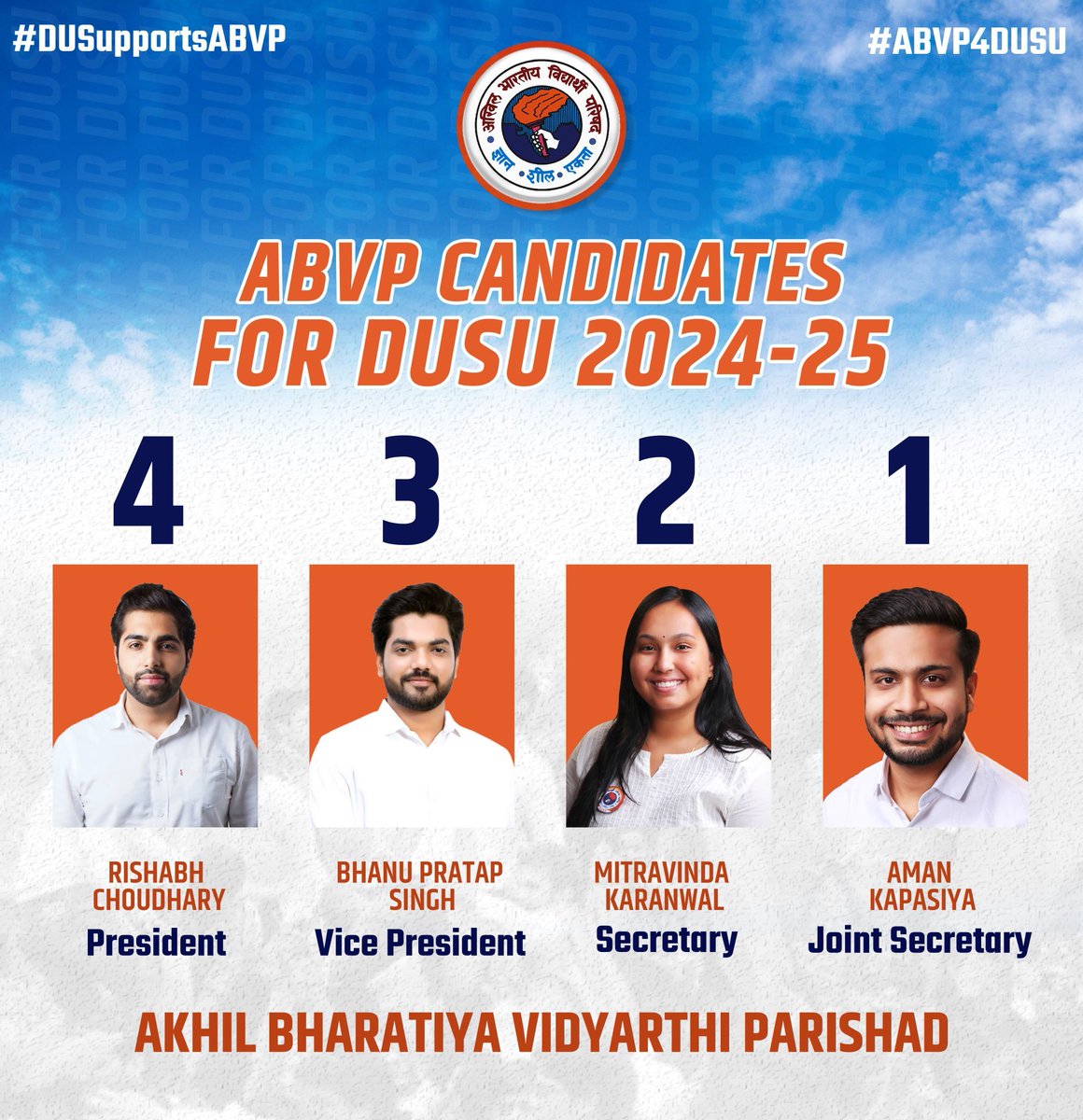 दिल्ली विश्वविद्यालय के छात्र संघ चुनाव में <a href="/ABVPVoice/">ABVP</a> के चारों प्रत्याशियों को जीत की अग्रिम शुभकामनाएं और बधाई।
#एबीवीपी इसलिए चुनाव में है क्योंकि परिषद साल भर परिसर में रहती है।
बाकी लोग इसलिए अब दिख रहे हैं, क्योंकि चुनाव है।
यही फर्क है.....
<a href="/ABVPDelhi/">ABVP Delhi</a>
#उत्तिष्ठ_भारत