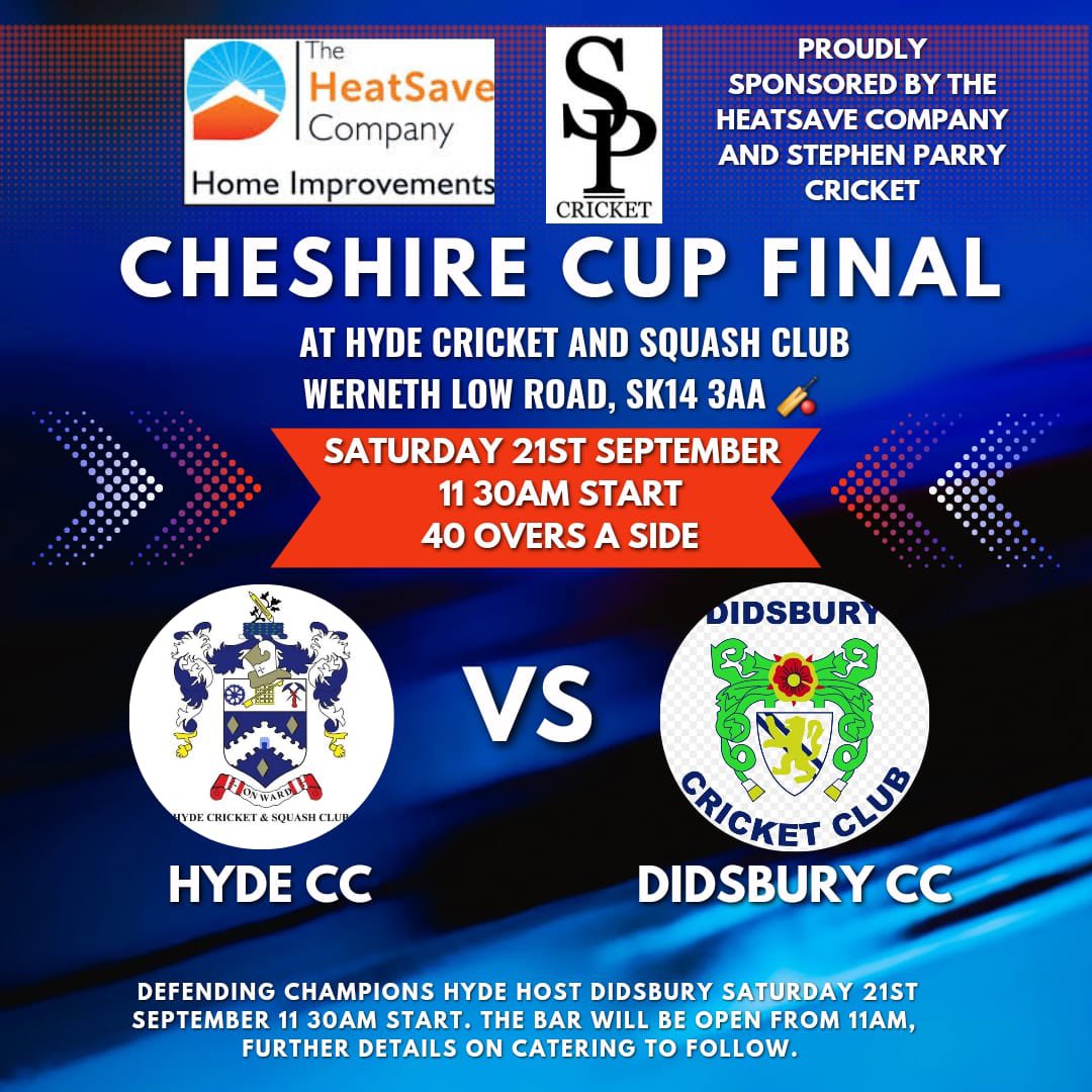 Hyde CSC๐ (@hydecc_sc) on Twitter photo 1๏ธโฃ DAY TO GO ๐๐
Come and watch the Cheshire Cup Final on the Low tomorrow as Hyde host <a href="/DidsburyCC/">Didsbury CricketClub</a> looking to win the trophy for the second consecutive season.
There will be catering on site.
Parking is limited on the ground please respect local residents. 1๏ธโฃ DAY TO GO ๐๐
Come and watch the Cheshire Cup Final on the Low tomorrow as Hyde host <a href="/DidsburyCC/">Didsbury CricketClub</a> looking to win the trophy for the second consecutive season.
There will be catering on site.
Parking is limited on the ground please respect local residents.