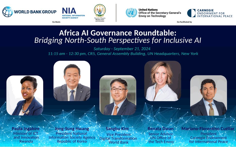 Jane Munga (@jane_munga) on Twitter photo What does Africa's growing #AI ecosystem need to thrive?ย ๐ย
Join <a href="/AfricaCarnegie/">Carnegie Africa Program</a>, <a href="/WorldBank/">World Bank</a>, policymakers, industry leaders, & global experts at theย Africa AI Governance Roundtableย on Sept 21 to discuss inclusive strategies for responsible AI! #SOTF Action Days #UNGA2024 What does Africa's growing #AI ecosystem need to thrive?ย ๐ย
Join <a href="/AfricaCarnegie/">Carnegie Africa Program</a>, <a href="/WorldBank/">World Bank</a>, policymakers, industry leaders, & global experts at theย Africa AI Governance Roundtableย on Sept 21 to discuss inclusive strategies for responsible AI! #SOTF Action Days #UNGA2024