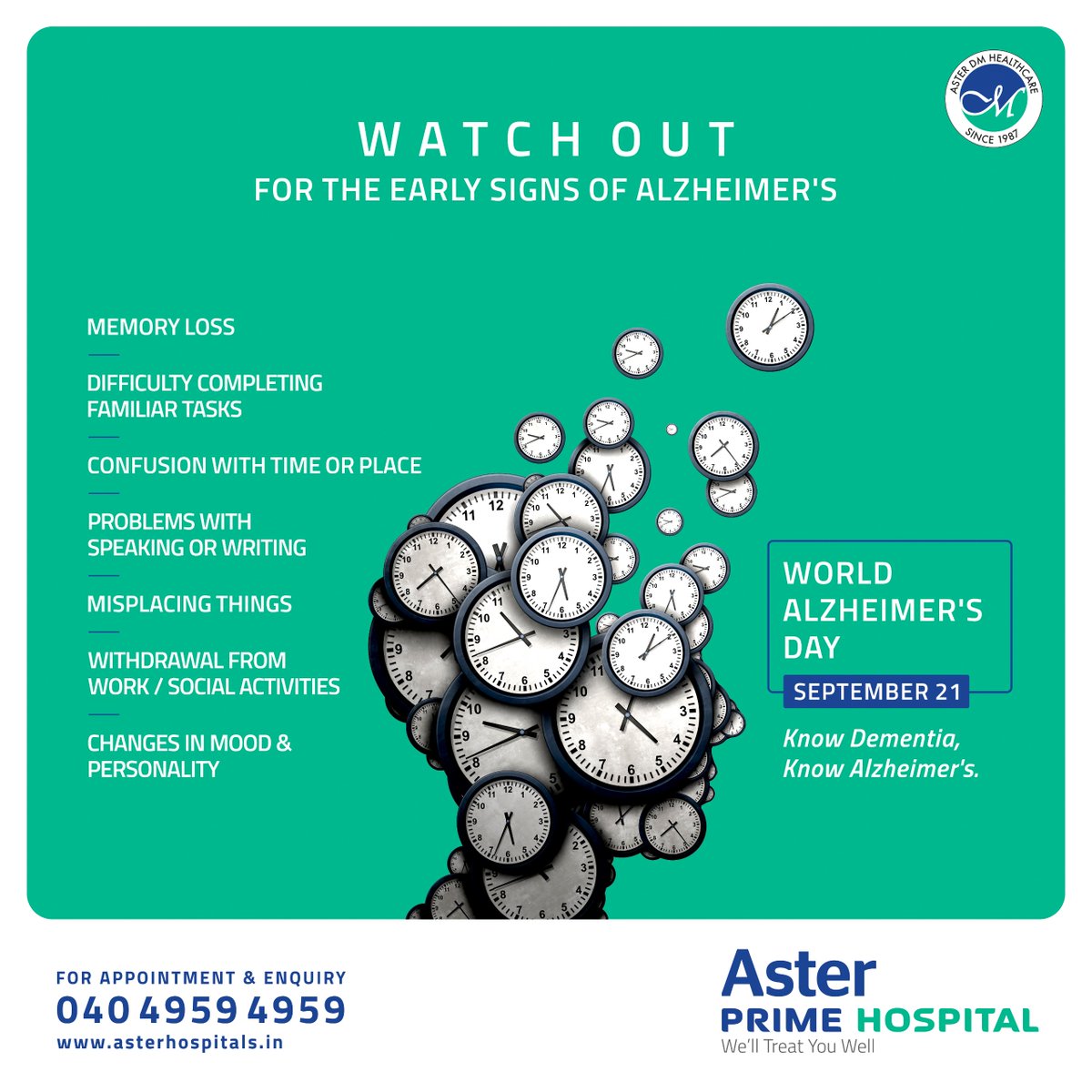 Alzheimer's disease is a progressive brain disorder that causes the brain to shrink and brain cells to eventually die. There is no treatment, but through medication and proper management, symptoms may improve or their progression delayed.
#AsterPrimeHospitals #WorldAlzheimersDay