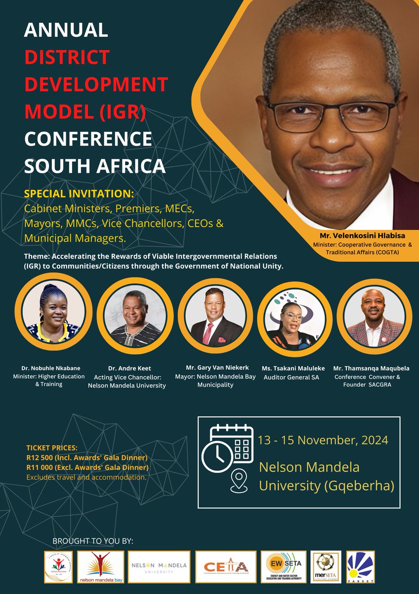 real_sacgra's tweet image. 📅 Save the date! The Annual District Development Model (IGR) Conference is happening at Nelson Mandela University, 13-15 Nov 2024. 🌍 Join insightful speakers 🗣️ and shape the future of intergovernmental relations in SA! 🤝🏛️ #DDMConference2024 #EmpoweringCommunties