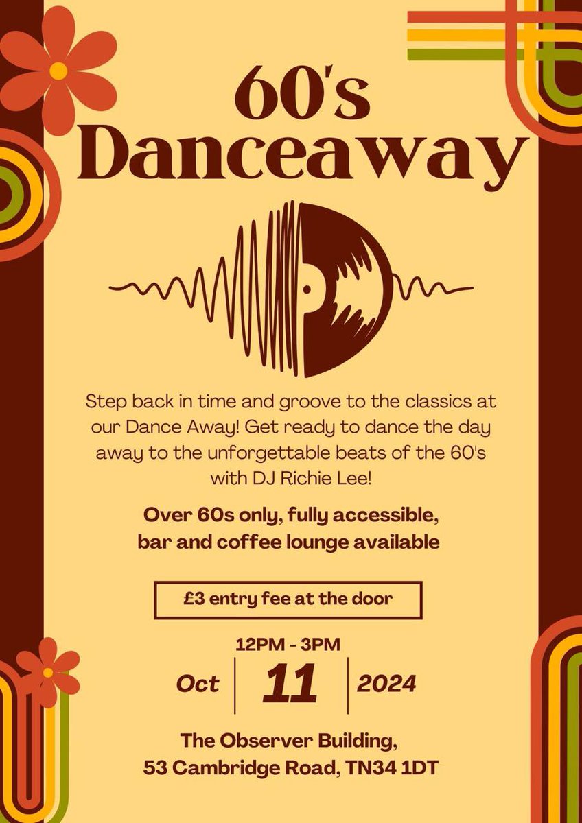 HastingsOB (@hastings_ob) on Twitter photo Step back in time and groove to the classics at our Dance Away with DJ Ritchie Lee!
Over 60s only, fully accessible, bar and coffee lounge available
£3 entry fee at the door
<a href="/hastingscommons/">Hastings Commons</a> #whatsonhastings #hastings #hastingseastsussex #60sdisco #60sdance Step back in time and groove to the classics at our Dance Away with DJ Ritchie Lee!
Over 60s only, fully accessible, bar and coffee lounge available
£3 entry fee at the door
<a href="/hastingscommons/">Hastings Commons</a> #whatsonhastings #hastings #hastingseastsussex #60sdisco #60sdance