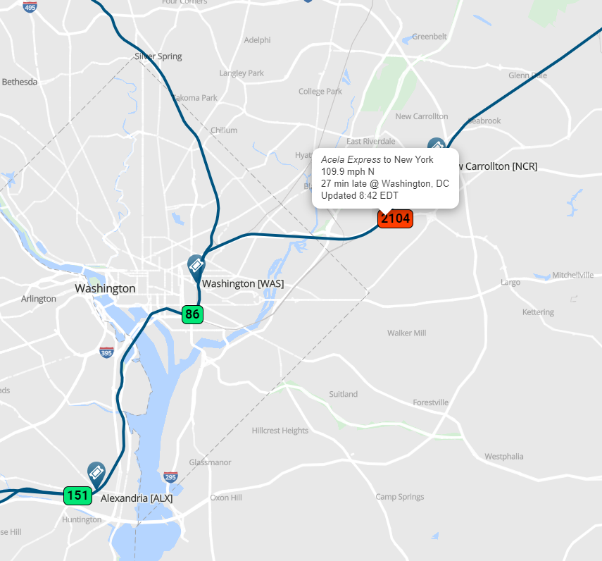 AmtrakStatus's tweet image. ALERT! 📷 Train 2104 'Acela Express' is running behind schedule by 0 hour and 27 minutes.
Need to know when it arrives? Track your train in real-time: trains-today.com/train/train-21…
📷 Stay on track with us! #Amtrak #TrainRealTime