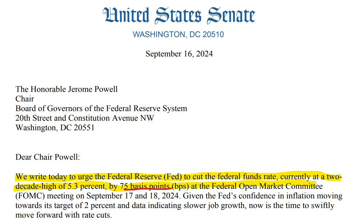 _fedguy_'s tweet image. When even 50 is not enough: 
Senators send letter to Powell asking for a 75bps cut.

warren.senate.gov/imo/media/doc/…