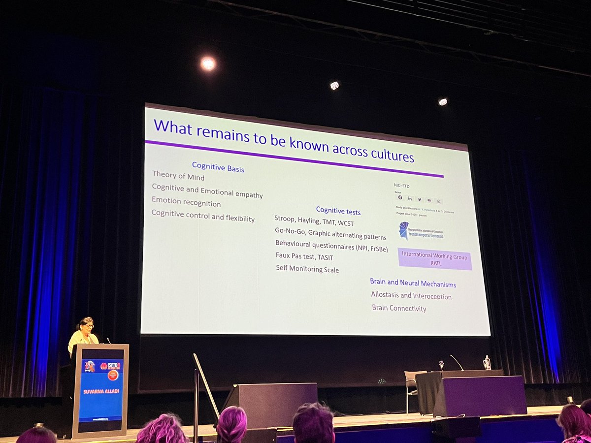 Inspiring and impressive plenary talk of Suvarna Alladi on cross-cultural aspects of cognition! We are very happy NIC-FTD started a new working group on this, together with <a href="/RatnavalliE/">Ratnavalli Ellajosyula</a>! To be continued, lot of work to be done! ##FTD #ISFTD2024