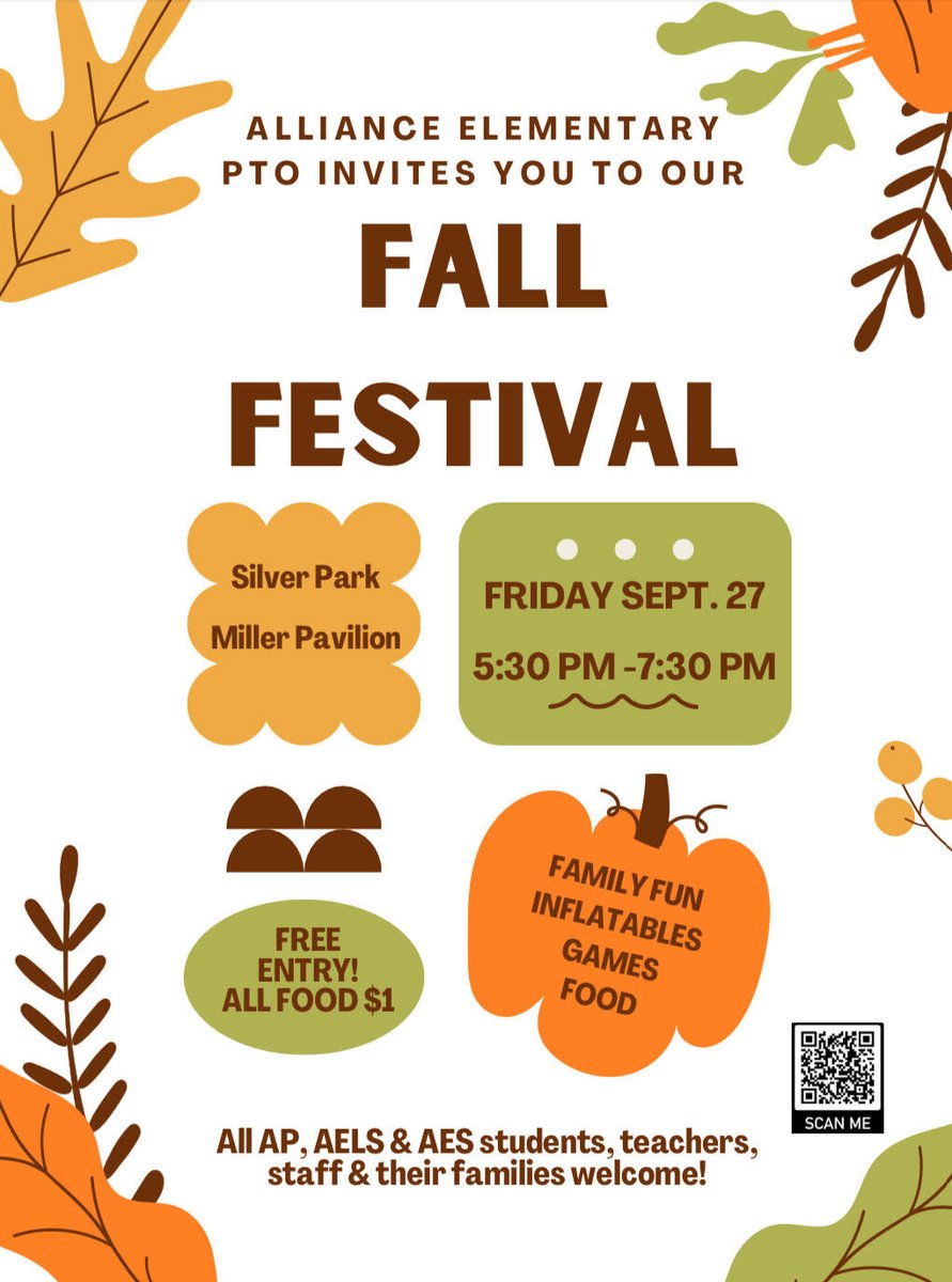 The Alliance Elementary PTO is hosting a fall festival next Friday from 5:30-7:30 pm at the Silver Park! 🍁 We hope to see all Alliance Preschool, Alliance Early Learning School and Alliance Elementary School families there! 🍂 #RepthatA