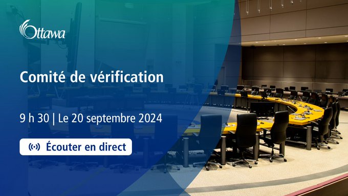 En arrière-plan, une salle du conseil municipal de la ville d'Ottawa vide. En surimpression, un cercle de texte bleu avec Listen Live dans le coin supérieur droit.
En texte blanc : « Comité de vérification , 9 h 30 le 20 septembre 2024 » 