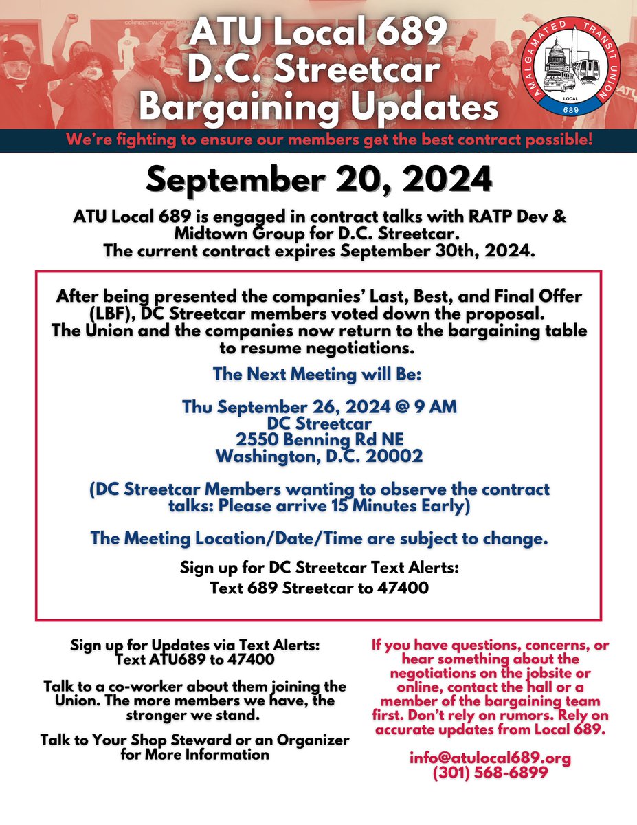 DC Streetcar workers voted down the company's LBF. The Union will return to the bargaining table next week. Streetcar workers deserve a fair contract! #ATU689FairContracts