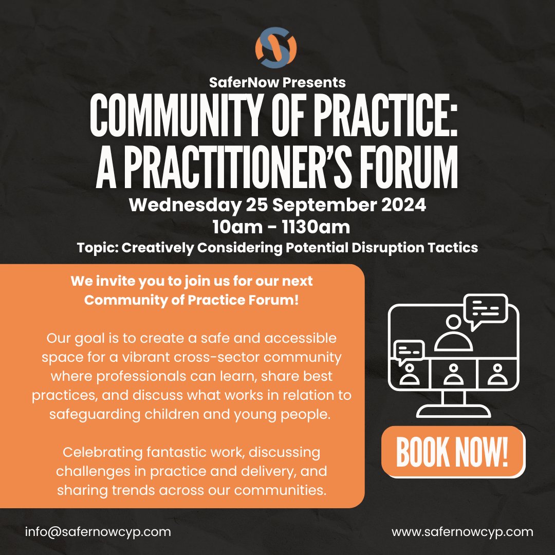 Join us for next week's Community of Practice: A Practitioner's Forum! 

This month we'll be creatively consider potential disruption tactics.

📆 Wednesday 25 September 2024 @ 10:00 - 11:30
📍 Online 

Secure your space here: eventbrite.co.uk/e/safernow-pre…

Note: This is not training,