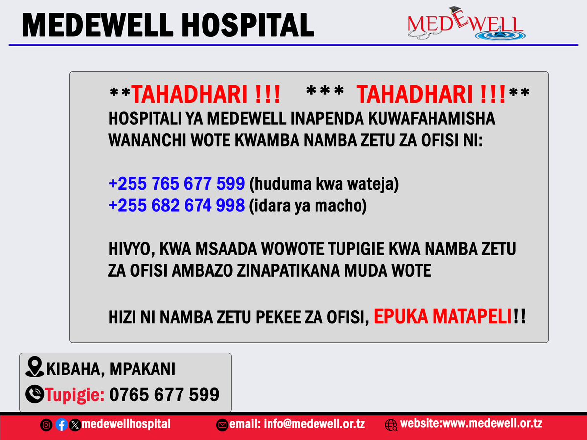 Kumekuwa na watu wasio waaminifu wanaofanya dhuluma kwa wananchi kwa kutumia jina la Hospitali ya MEDEWELL, Hivyo tunachukuwa nafasi hii kuwaomba kushirikiana nasi ili kukemea tabia hii pia usikubali kutoa pesa yoyote kwani Hospitali yetu haina utaratibu huo.