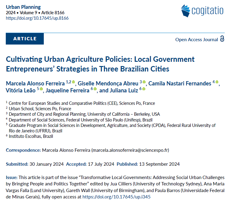#VendrediLecture 📚

Urban agriculture: how to make it work?

In <a href="/CogitatioUP/">Urban Planning</a>, <a href="/_m_ferreira/">Marcela Alonso Ferreira</a> et al. show how some local bureaucrats in Brazil serve as policy entrepreneurs, creating, maintaining, and adapting local urban agriculture policies.

#OpenAcess

➡️cogitatiopress.com/urbanplanning/…