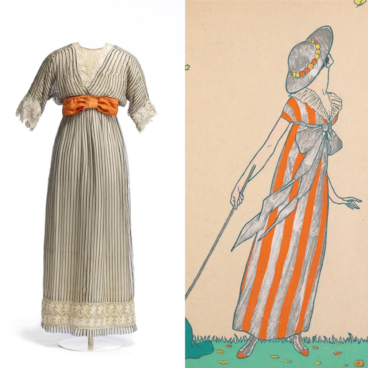 kateStrasdin's tweet photo. #Poiret’s 1911 striped gown and George’s Lepape’s 1912 fashion drawing Les Papillons are the mirror image of each other in many ways, shades of orange and vertical lines with under bust bows,capturing the spirit of the moment @MuseodelTraje #fashionhistory https://t.co/yFL8UTUQuK