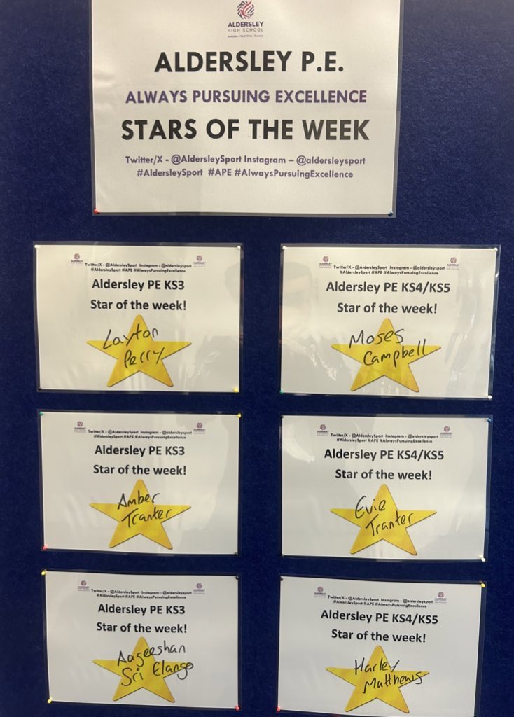 Congratulations to the PE Stars of the week 💫 

Come and collect your badge from the PE Office 👏

#AldersleySport #APE #AlwaysPursuingExcellence