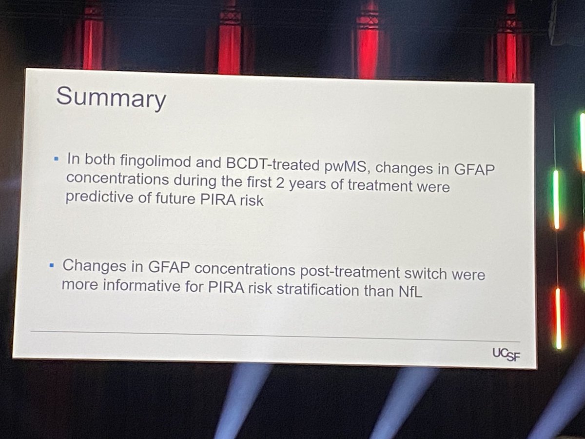 Abdelhak: effect of fingolimod and anti-CD20 treatment on sGFAP (z-scores) evolution &amp; subsequent effect on PIRA in RRMS pts.
Lowering Z-GFAP in first two years of treatment decreases PIRA risk in subsequent years by 44 (aCD20)-55%(fingo) sNFL does not add effect
#ECTRIMS2024