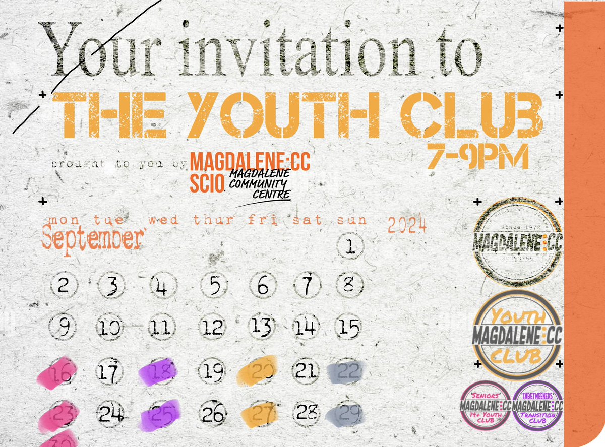 For all local young people in S1 and up! Join us for games, competitions, and socialising every Friday. It’s the perfect place to kick off your weekend.
🗓 Every Friday
⏰ 7:00pm - 9:00pm
📍 Magdalene Community Centre
#TheYouthClub #FridayFun #S1Plus