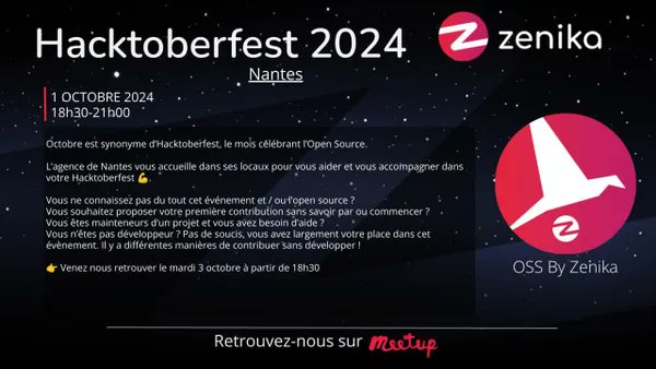 Zenika Open Source (@zenikaoss) on Twitter photo 🎉L'#hacktoberfest débute bientôt !
Pour cette occasion, l'agence <a href="/ZenikaNantes/">Zenika Nantes</a> ouvre ses portes le mardi 1er octobre à partir de 18h30 pour venir découvrir cet évènement mondial et vous accompagner pour vos 1ères contributions #opensource.
👉 meetup.com/nightclazz-by-… 🎉L'#hacktoberfest débute bientôt !
Pour cette occasion, l'agence <a href="/ZenikaNantes/">Zenika Nantes</a> ouvre ses portes le mardi 1er octobre à partir de 18h30 pour venir découvrir cet évènement mondial et vous accompagner pour vos 1ères contributions #opensource.
👉 meetup.com/nightclazz-by-…