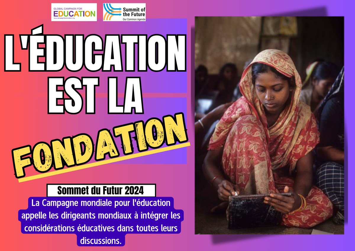 Le #SommetdelAvenir se tiendra les 22 et 23 septembre <a href="/ONU_fr/">Nations Unies (ONU)</a> à New York.
📢<a href="/CoalEducation/">Coalition Education</a> aux côtés <a href="/globaleducation/">Global Campaign for Education</a> rappelle le rôle levier de l'éducation pour relever les défis mondiaux présents et futurs et appelle les dirigeants à s'engager en faveur du droit à l'éducation.
