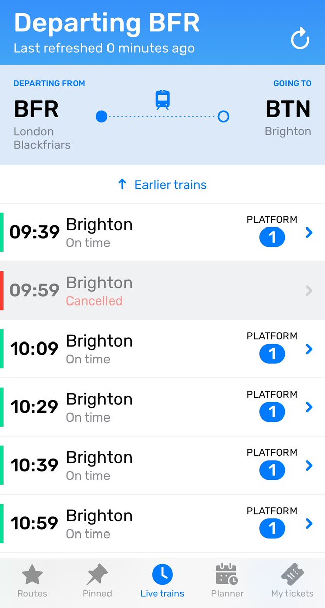 NickRadish's tweet photo. @Emily0_oStrange @nationalrailenq I’ve just installed Railboard that someone recommended here and it looks pretty good so far. You can save all your journeys and see earlier trains etc. https://t.co/KzvXfcINLd