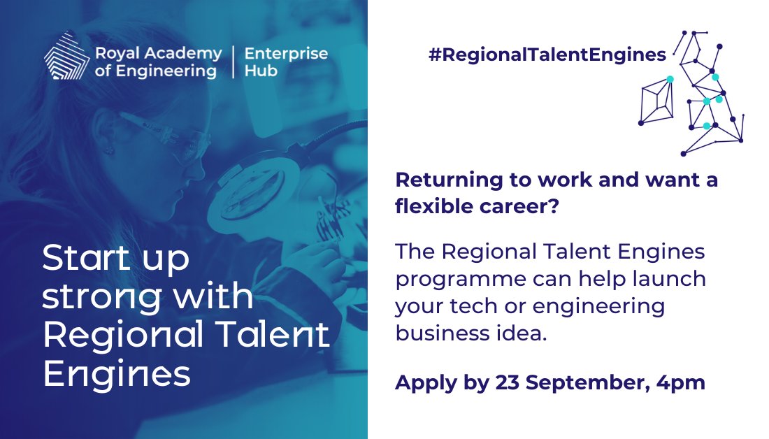 RAEng_Hub's tweet photo. Deadline Extended!

Are you returning to work after a break and have a brilliant idea for a new engineering or tech business? The Regional Talent Engines programme could be your ticket to success.

Our pre-accelerator programme offers: 
✅ Practical support 
✅ £20k funding
✅ Training to refine your innovation

We’ve extended our application deadline to 30th September and are now welcoming applicants from Wales! Hybrid training is available in Swansea along with our other locations: Belfast, Leeds, Liverpool, and Newcastle.

Don’t miss out—apply now 👉 https://t.co/MwrxLQBAA0

#RegionalTalentEngines #Innovation #Ideation #Business #Startup #Funding
