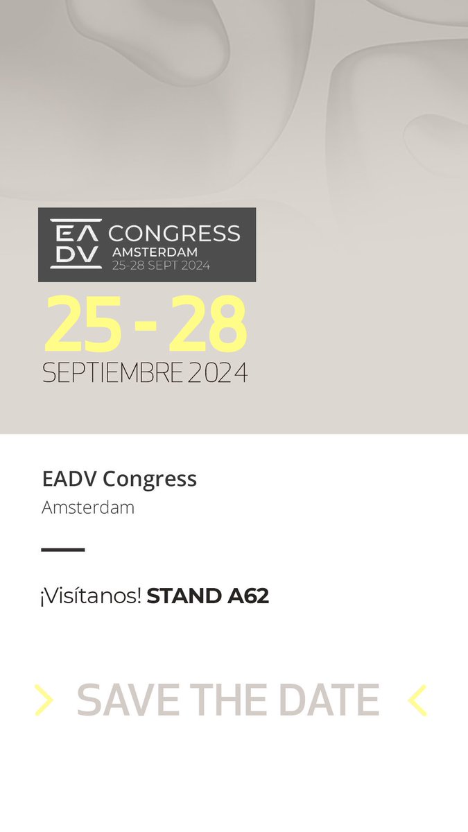 Del 25 al 29 de septiembre podrás encontrarnos en el 33º Congreso de la <a href="/eadv/">EADV</a> que se celebrará en Amsterdam.
 
Toma nota y visítanos en el STAND A62 y conoce de primera mano nuestras últimas novedades. ¡Os esperamos!
 
#AEDV2024