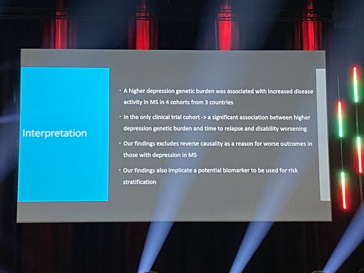 Kowalec (US) effect of genetic predisposition for depression on disease activity in #MS.
Higher risk of relapse and EDSS progression in persons with higher predisposition for depression! 
Importance of comorbidity on MS disease course!
#ECTRIMS2024