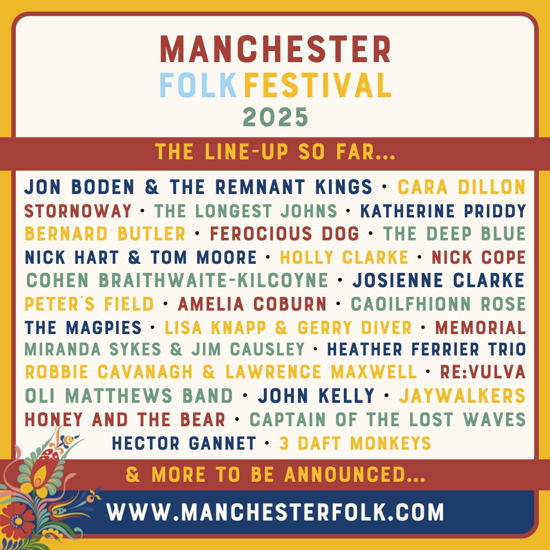 Manchester Folk (@mcrfolkfest) on Twitter photo With only 6 months to go, say hello to our next wave of Manchester Folk Festival 2025 acts 👋
<a href="/keelinmusic/">Caoilfhionn Rose</a> | <a href="/amelia_coburn/">Amelia Coburn</a> | <a href="/3DaftMonkeys/">3 Daft Monkeys</a> | <a href="/robbiecavanagh/">Robbie Cavanagh</a> & <a href="/themaxwraptor/">Lawrence Maxwell</a> | <a href="/hferriermusic/">Heather Ferrier</a> | <a href="/revulva_band/">RE:VULVA</a> | Peter's Field ft <a href="/StorytellerSean/">Sean Cooney</a>, @elizacarthy & <a href="/samcartermusic/">Sam Carter</a> 🌿 With only 6 months to go, say hello to our next wave of Manchester Folk Festival 2025 acts 👋
<a href="/keelinmusic/">Caoilfhionn Rose</a> | <a href="/amelia_coburn/">Amelia Coburn</a> | <a href="/3DaftMonkeys/">3 Daft Monkeys</a> | <a href="/robbiecavanagh/">Robbie Cavanagh</a> & <a href="/themaxwraptor/">Lawrence Maxwell</a> | <a href="/hferriermusic/">Heather Ferrier</a> | <a href="/revulva_band/">RE:VULVA</a> | Peter's Field ft <a href="/StorytellerSean/">Sean Cooney</a>, @elizacarthy & <a href="/samcartermusic/">Sam Carter</a> 🌿