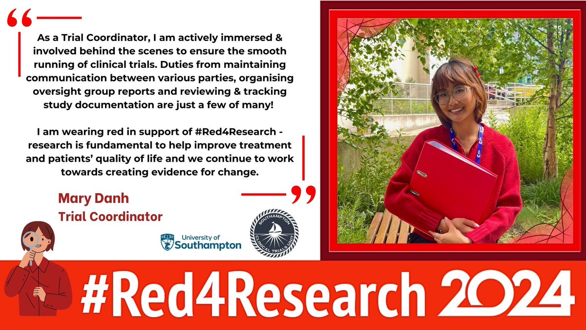 Southampton CTU (@southamptonctu) on Twitter photo For #Red4Research day, we are highlighting some of the many people at SCTU who make #ClinicalTrials possible.
Mary works on the AURORA #BladderCancer and CRAIN #CervicalCancer trials.
<a href="/UoS_Medicine/">Southampton Medicine</a> <a href="/unisouthampton/">University of Southampton</a> <a href="/UHSFTresearch/">Health Research | Southampton</a> For #Red4Research day, we are highlighting some of the many people at SCTU who make #ClinicalTrials possible.
Mary works on the AURORA #BladderCancer and CRAIN #CervicalCancer trials.
<a href="/UoS_Medicine/">Southampton Medicine</a> <a href="/unisouthampton/">University of Southampton</a> <a href="/UHSFTresearch/">Health Research | Southampton</a>