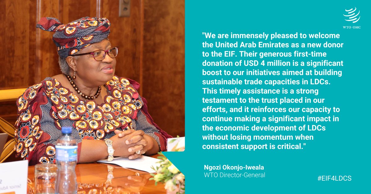 Thank you to the United Arab Emirates 🇦🇪
<a href="/UAEUNGENEVA/">UAE MISSION UN GENEVA</a> for contributing USD 4 million (CHF 3.4 million) to the Enhanced Integrated Framework’s (EIF) Interim Facility <a href="/EIF4LDCs/">Enhanced Integrated Framework</a> .