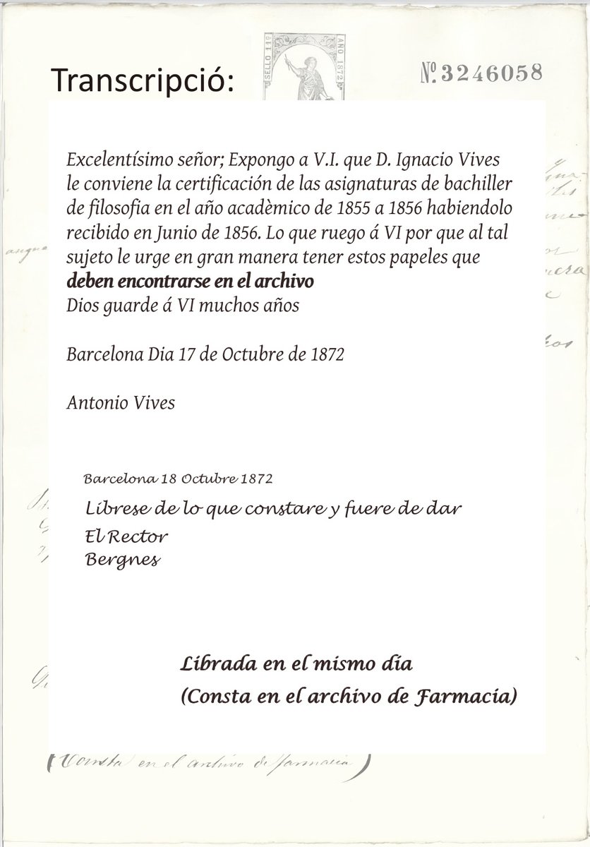 Aquest document de 1872 mostra un dels serveis de l'arxiu <a href="/UniBarcelona/">Universitat de Barcelona</a>: 
L'estudiant sol·licita certificat del curs 1855-1856; el rector mana que es faci, si s'escau; la nota final diu que així s'ha fet, gràcies a que s'ha trobat l'expedient a l'arxiu! Un èxit!
💯🙌👏🥳