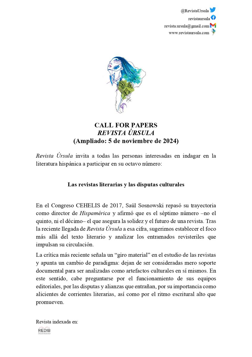 RevistaUrsula's tweet photo. ⚠️CFP AMPLIADO HASTA EL 5 DE NOVIEMBRE 2024 ⚠️
📚Revista científica e indexada especializada en la investigación sobre literatura en español
1️⃣Sección "Las revistas literarias y las disputas culturales"
2️⃣Sección miscelánea sobre cualquier tema de la literatura en español https://t.co/o3pEZLvJ1E