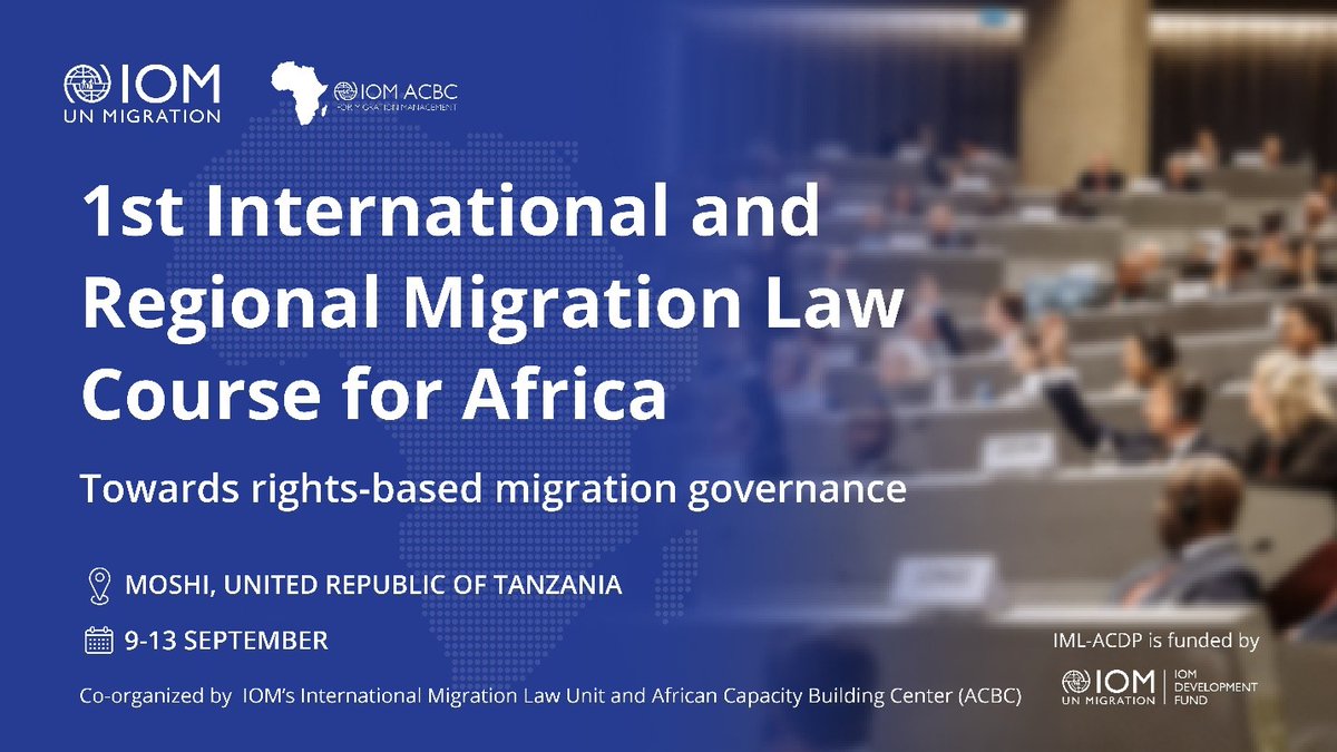 IOM Development Fund (@iomdevfund) on Twitter photo 🌍 Pleased to announce the launch and establishment of the International and Regional Migration Law Course for Africa!
🤝 Partnership of <a href="/UNmigration/">IOM - UN Migration 🇺🇳</a>'s IML Unit and ACBC
🏛️ Hosted at <a href="/IomAcbc/">IOM African Capacity Building Centre</a>
🌐 Supported by <a href="/IOMDevFund/">IOM Development Fund</a> 🌍 Pleased to announce the launch and establishment of the International and Regional Migration Law Course for Africa!
🤝 Partnership of <a href="/UNmigration/">IOM - UN Migration 🇺🇳</a>'s IML Unit and ACBC
🏛️ Hosted at <a href="/IomAcbc/">IOM African Capacity Building Centre</a>
🌐 Supported by <a href="/IOMDevFund/">IOM Development Fund</a>
