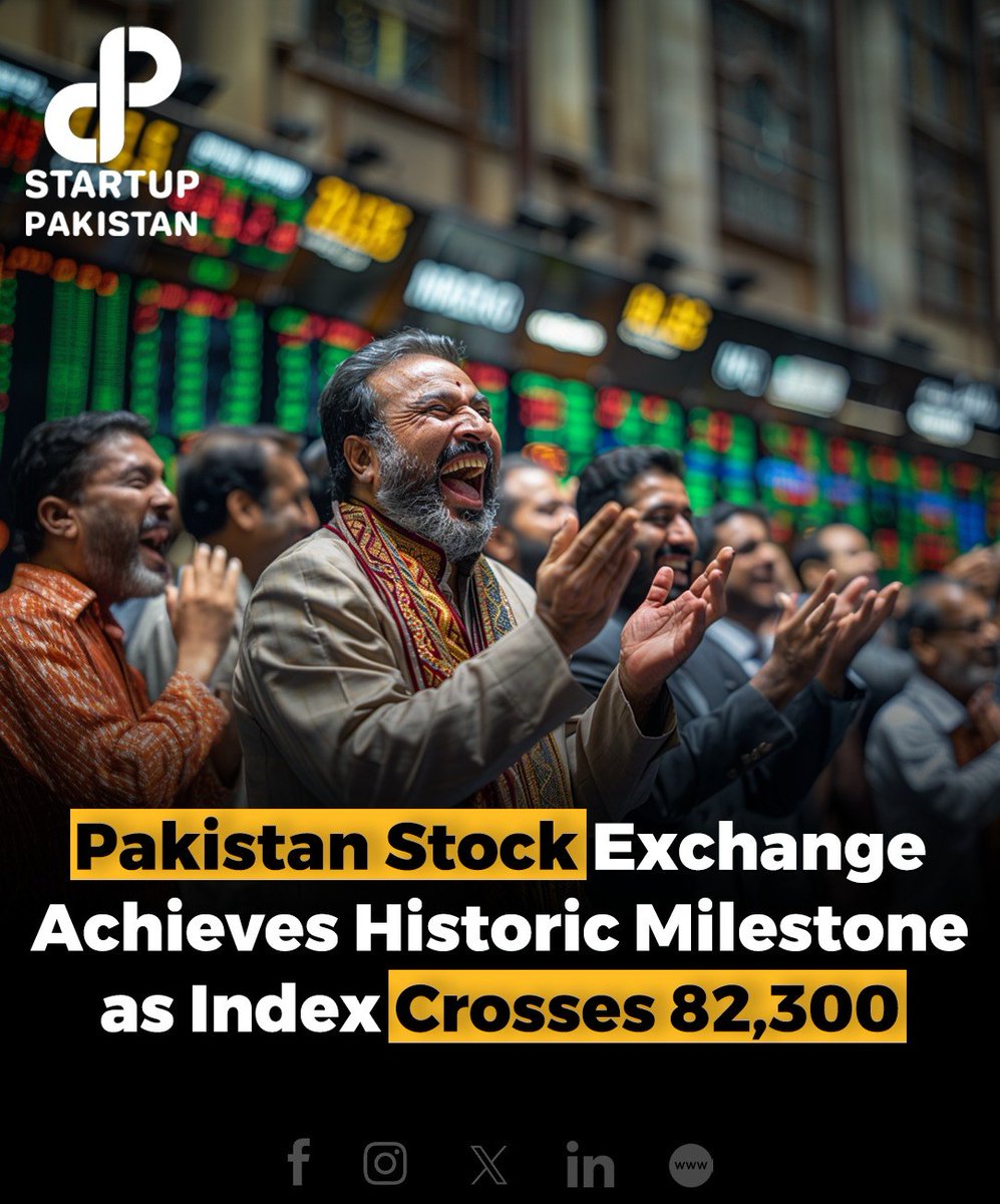 PakStartup's tweet photo. The Pakistan Stock Exchange (PSX) has reached a historic milestone as its benchmark index soared past the 82,300 mark, marking a significant moment in the country's financial market.
#PakistanStockExchange #PSXMilestone #StockMarketRecord https://t.co/DvIFYSJy4I