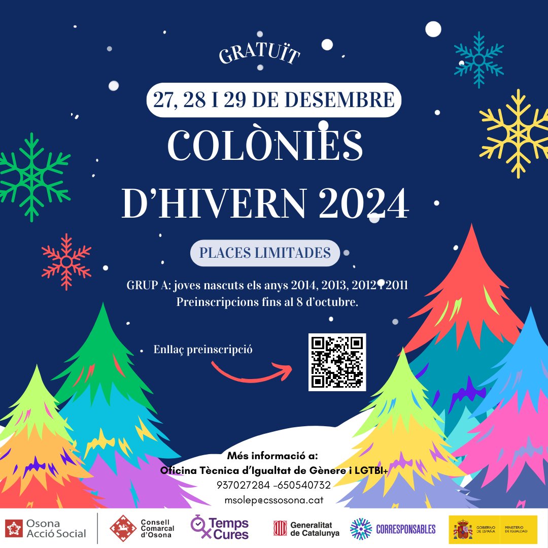 ⛷️Tornen les Colònies d’hivern gratuïtes per facilitar les cures d'infants i joves d'#Osona i el #Lluçanès.

❄️27, 28 i 29 de desembre a Planoles

👉Preinscripcions fins al 8 d'octubre
▪️ Entre 10 i 13 anys forms.gle/jtimwXN7VLYpLw…
▪️ Entre 14 i 15 anys forms.gle/FMoK3zuTCayuHr…