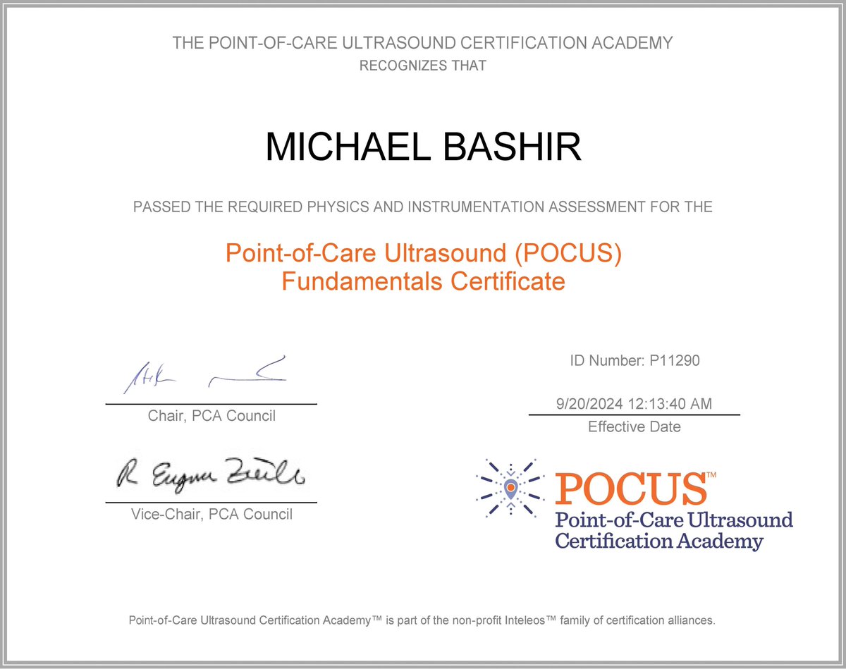 MichaelBashirMD's tweet image. ✨ New Learning Milestone! ✨

I’m thrilled to share that I have obtained my Point-of-Care Ultrasound (POCUS) Fundamentals Certificate! 

#POCUS  is a valuable tool in modern medicine, enabling faster and more accurate clinical decision-making. 
#IMG #InternalMedicine  #MedEd
