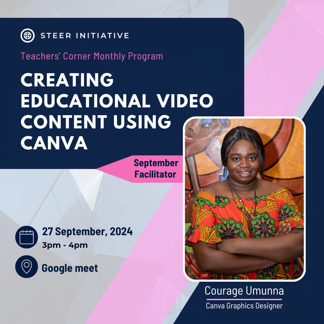 steerinitiative's tweet image. Get ready for our virtual ‘Teachers’ Corner Monthly Program!’

Facilitator: Courage Umunna
Date: Friday, September 27, 2024
Time: 3PM  to 4PM GMT +1 (Nigerian time)
Registration link: bit.ly/TeachersTraini…