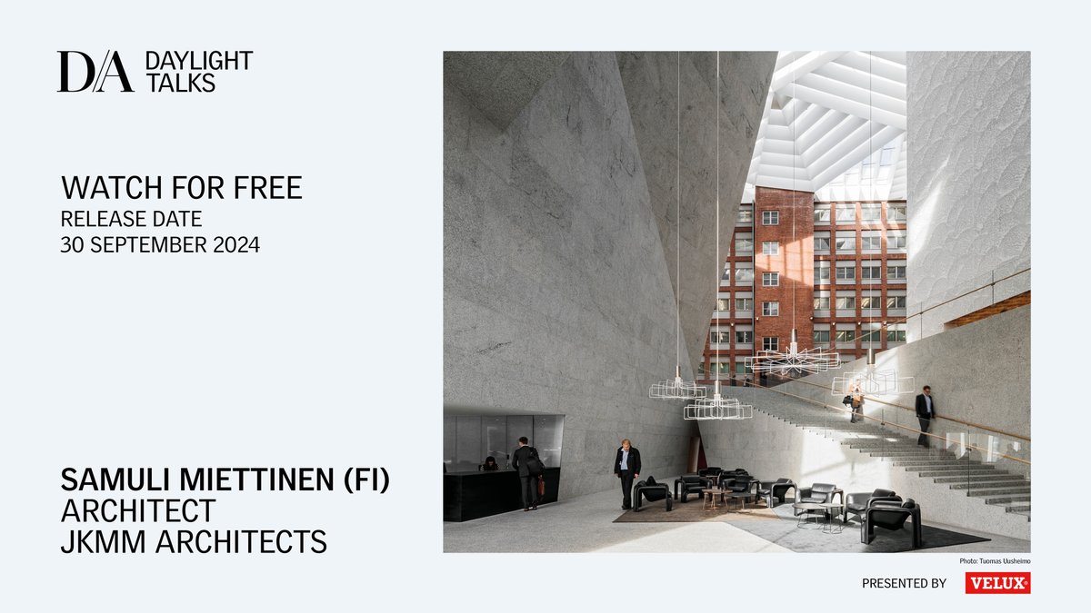 The next ‘Daylight Talk’ in the 2024 series by @daylightandarchitecture  puts the spotlight on the work of Finnish practice <a href="/jkmmarchitects/">JKMM Architects</a> in collaboration with <a href="/aaltouniversity/">Aalto University</a>.
Talk #21 by Samuli Miettinen, available from 20 september 2024:
daylightandarchitecture.com/daylight-talks/