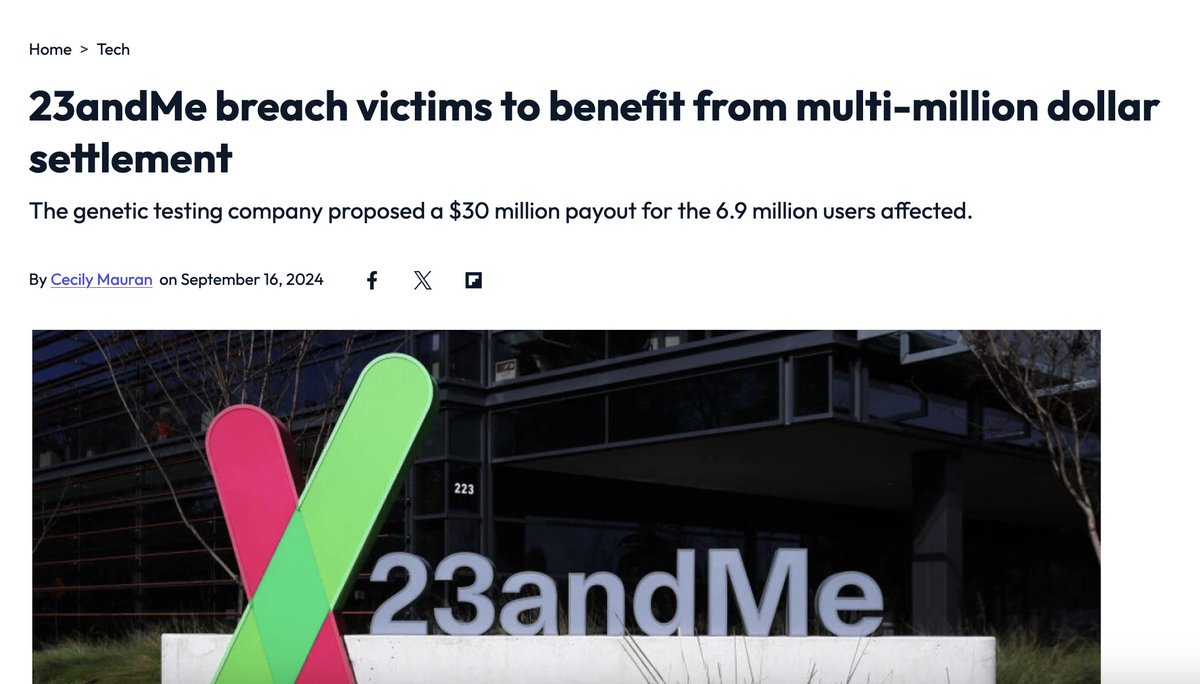 Another one bites the dust. 23andMe settles a $30M lawsuit after a massive data breach exposed millions' sensitive genetic info. 🧬💔

It's not just the money—it's the trust that's gone. Companies need to move away from centralised databases &amp; put user security first. Thoughts?👇