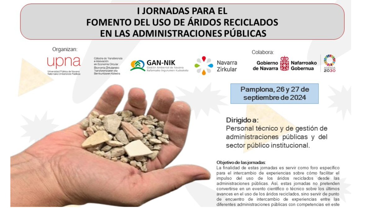 La #UPNA acoge una jornada sobre #árido #reciclado

➡️lifenadapta.navarra.es/es/-/upna-jorn…

#HCCN #KLINA #Mitigación #Adaptación #CambioClimático #EconomíaCircular #Sostenibilidad #CátedraTIEC #GAN_NIK #NavarraZirkular #NZK #DRyMA #GobiernoDeNavarra #Pamplona #Navarra #ÁridosReciclados